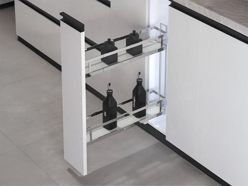 Pull-out kitchen cabinet organizer with bottle holders for oil and vinegar storage