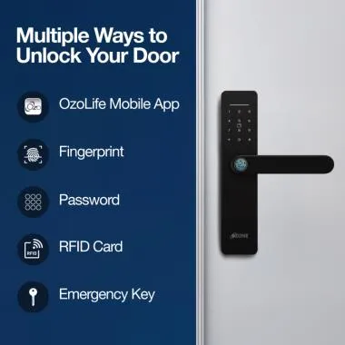 Smart Wi-Fi Lock for Wooden & Metal Doors, 4-Way Access, OzoLife App, Fingerprint, Password, RFID Card, 30-50 mm Door Thickness, Free Installation, 2 Years Warranty (Black) | Ozone