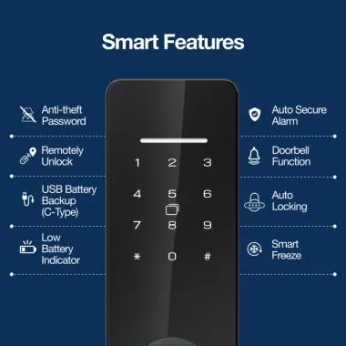 Smart Wi-Fi Lock for Wooden & Metal Doors, 4-Way Access, OzoLife App, Fingerprint, Password, RFID Card, 30-50 mm Door Thickness, Free Installation, 2 Years Warranty (Black) | Ozone