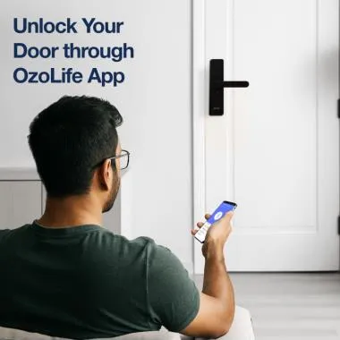 Smart Wi-Fi Lock for Wooden & Metal Doors, 4-Way Access, OzoLife App, Fingerprint, Password, RFID Card, 30-50 mm Door Thickness, Free Installation, 2 Years Warranty (Black) | Ozone
